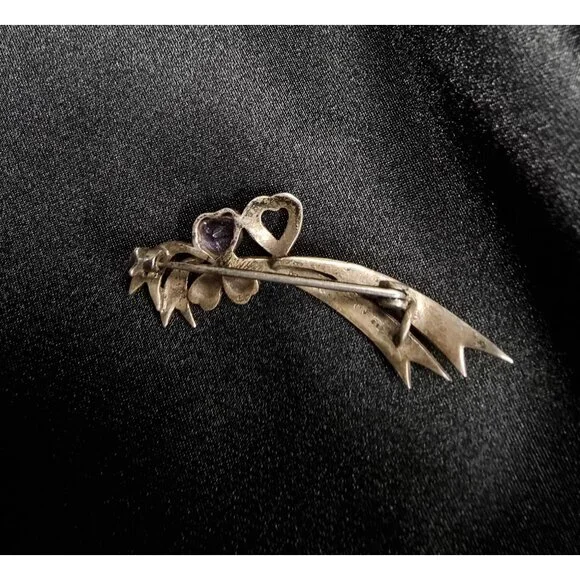 Vintage Sterling Silver 925 Marcasite Bow Brooch With Amethyst Heart Gemstone - Picture 5 of 5